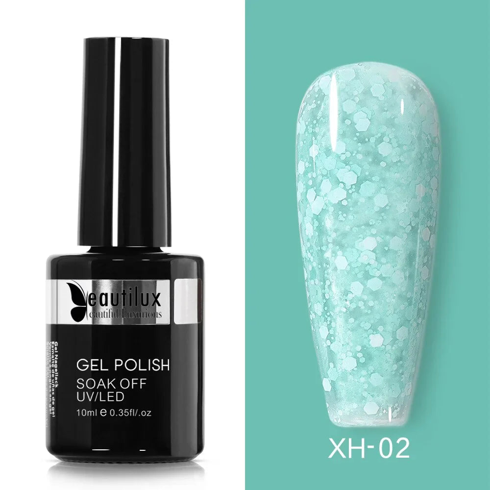 Vernis Semi-Permanent à Effet Scintillant Neige Vert Ref XH-02 - Brillance Longue Durée et Retrait Simplifié