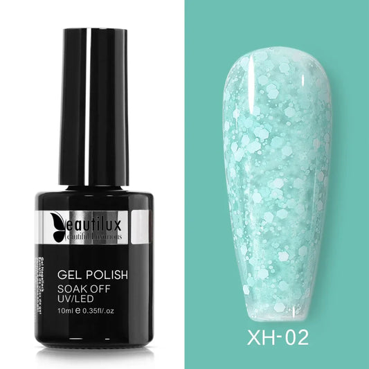 Vernis Semi-Permanent à Effet Scintillant Neige Vert Ref XH-02 - Brillance Longue Durée et Retrait Simplifié