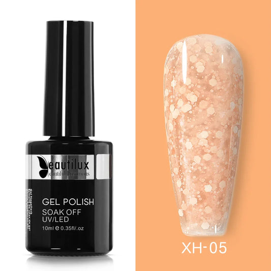 Vernis Semi-Permanent à Effet Neige Scintillante Pêche Ref XH-05 - Brillance Subtile et Retrait Sans Tracas