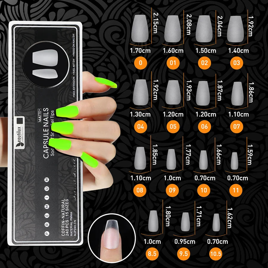 MATTE PLUS CAPSULE NAILS 240PCS-COFFIN/NATURAL MJP240-CN