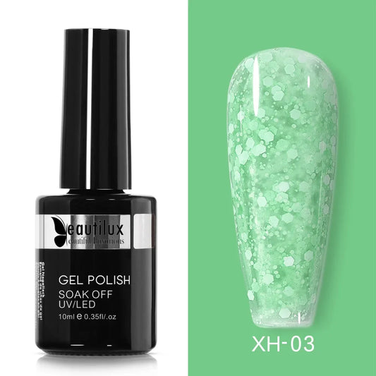 Vernis Semi-Permanent Effet Neige Scintillante Vert Clair Ref XH-03 - Texture Lumineuse, Durabilité Supérieure