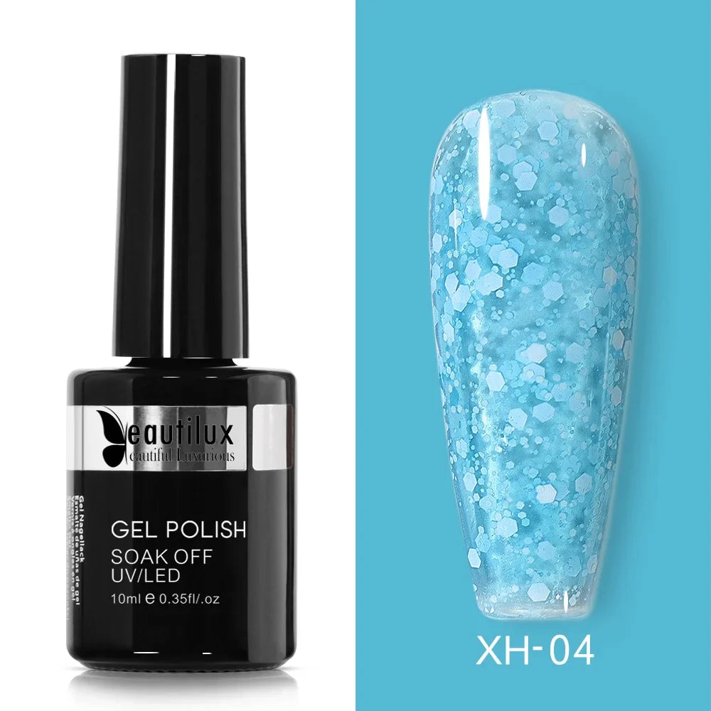 Vernis Semi-Permanent Effet Neige Scintillante Bleu Ciel Ref XH-04 - Brillance Givrée, Durabilité Excellente