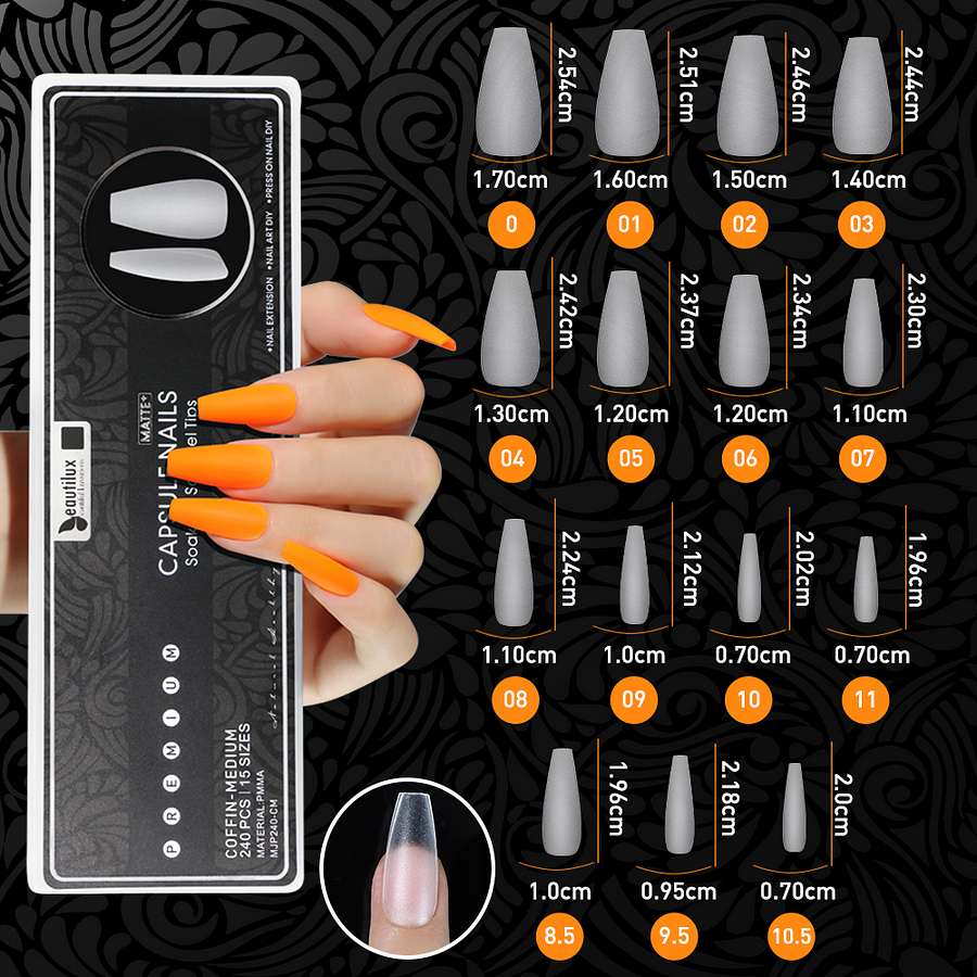 MATTE PLUS CAPSULE NAILS 240PCS-COFFIN/MEDIUM MJP240-CM