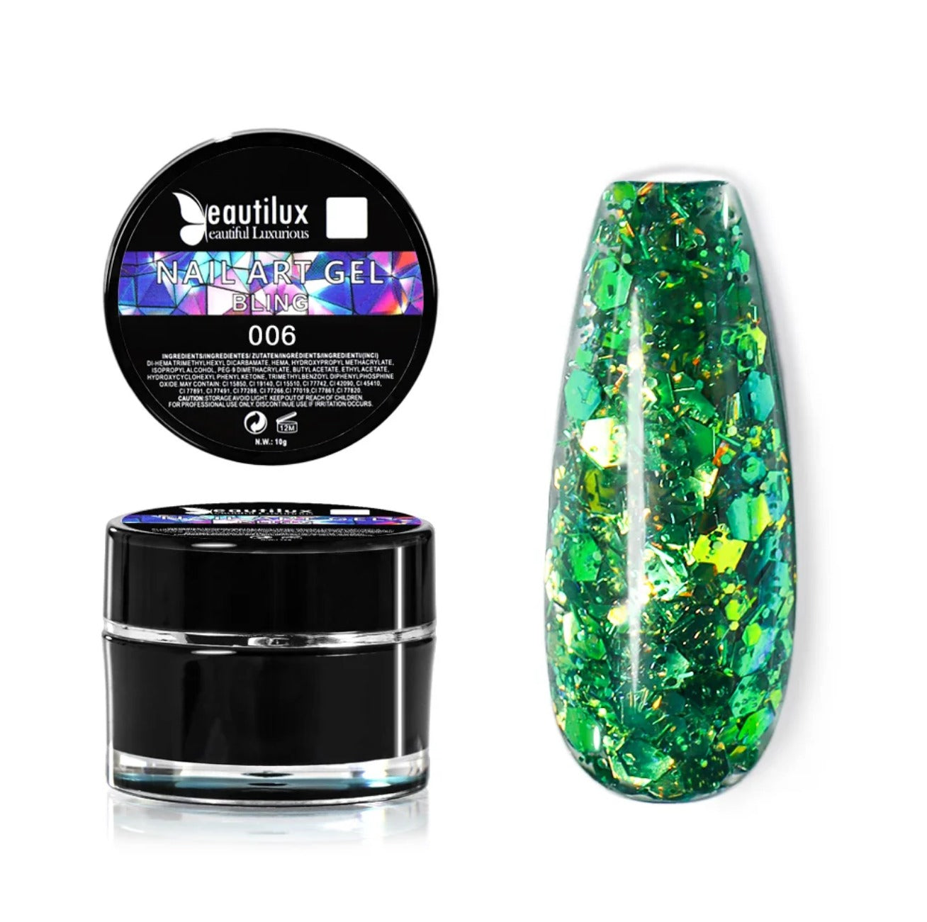 Gel Nail Art BLING Beautilux BHCD-06 : L'Éclat Vert Pailleté pour une French Reverse Audacieuse