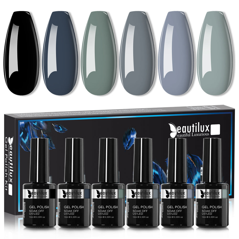 Kit de Vernis Semi-Permanent Beautilux - Collection Noir & Gris Élégant (6x10ml) | SKU : B-085090