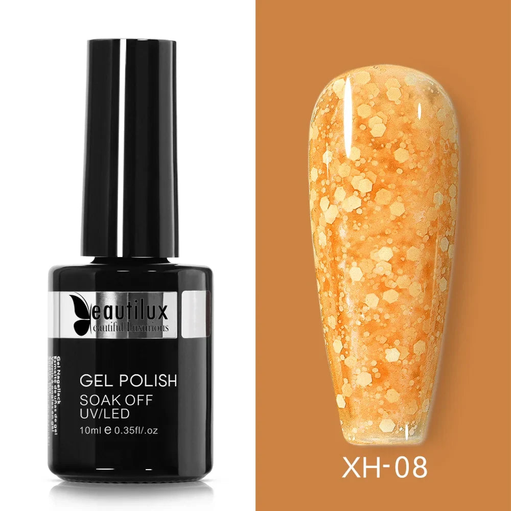 Vernis Semi-Permanent à Effet Neige Scintillante Ambre Ref XH-08 - Éclat Doré et Retrait Aisé