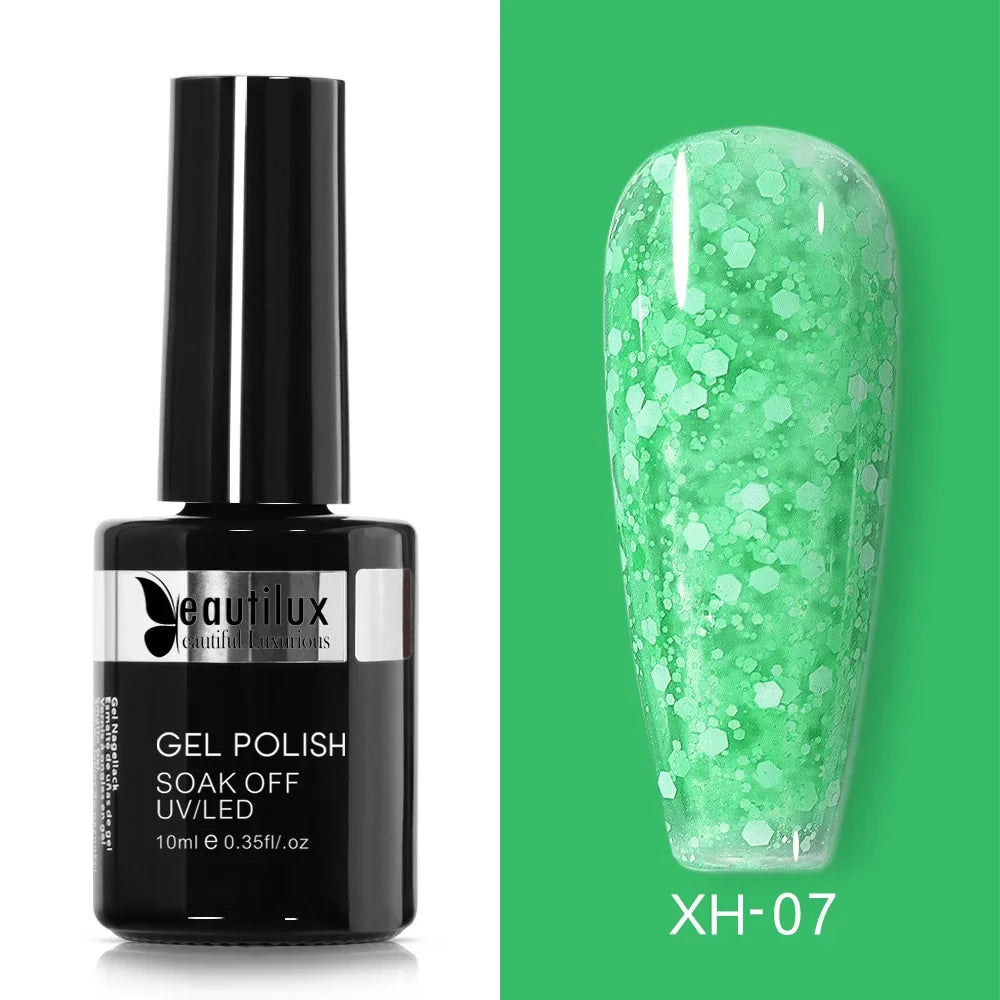 Vernis Semi-Permanent à Effet Neige Scintillante Vert Printemps Ref XH-07 - Éclat Durable et Retrait Facile